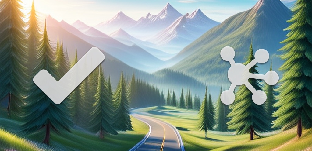 A road through a valley in a forest heading towards mountains in the distance, with light glyphs representing OmniFocus and OmniGraffle in the foreground. The image of the road was generated by Apple Intelligence via Image Playground, then cropped and composited with the glyphs using OmniGraffle.