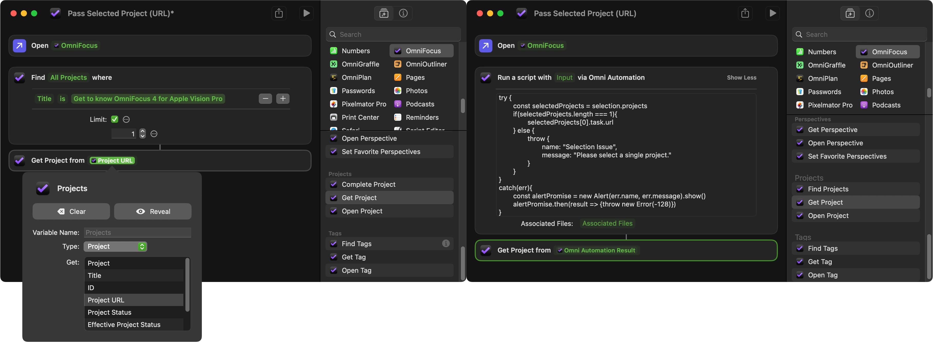 Image of OmniFocus Shortcuts actions with and without Omni Automation scripting